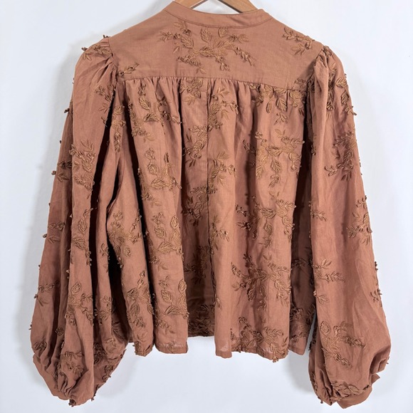 Entro Lace Applique Cropped Blouse Long Sleeve Brown Women Sz S Boho Oversized - Picture 2 of 6